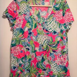 Lilly Pulitzer Pink Floral V-Neck Short Sleeve Tee